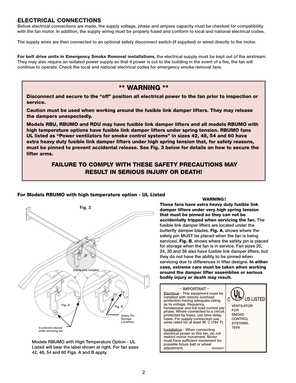 Warning, Electrical connections | Greenheck Fan RBU User Manual | Page 2 / 4
