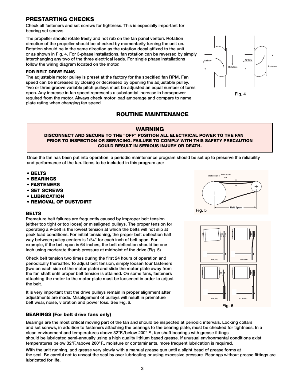 Routine maintenance, Warning, Prestarting checks | Greenheck Fan RBU User Manual | Page 3 / 4