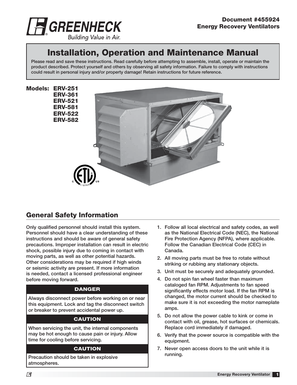 Greenheck Fan 455924 ERV-522 User Manual | 36 pages