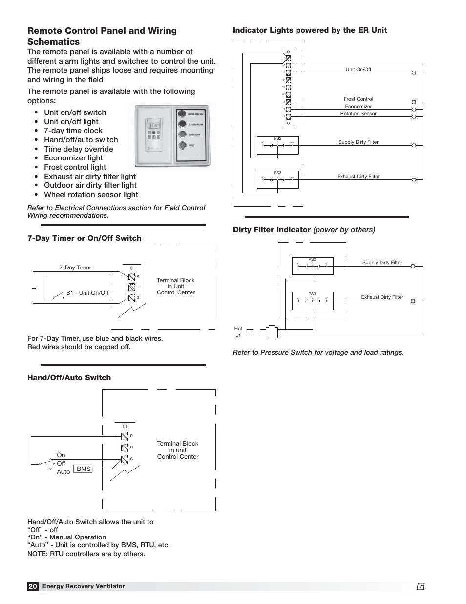 Remote control panel and wiring schematics, Day timer or on/off switch, Hand/off/auto switch | Greenheck Fan 455924 ERV-522 User Manual | Page 20 / 36