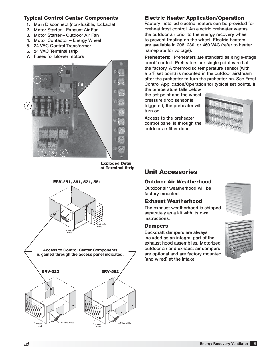 Unit accessories, Typical control center components, Electric heater application/operation | Outdoor air weatherhood, Exhaust weatherhood, Dampers | Greenheck Fan 455924 ERV-522 User Manual | Page 9 / 36