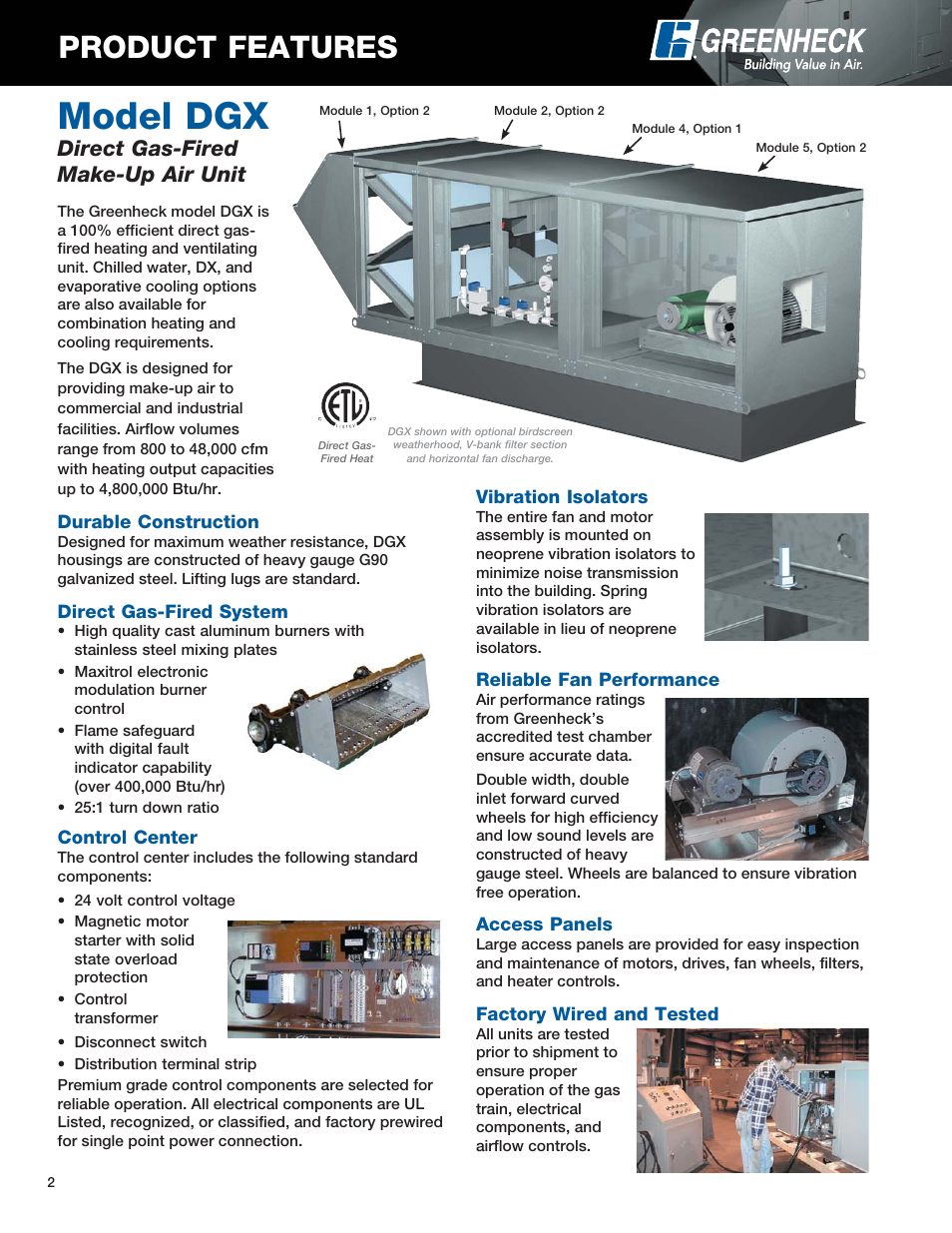 Model dgx, Product features, Direct gas-fired make-up air unit | Greenheck Fan Modular Make-Up Air Unit DGX User Manual | Page 2 / 8