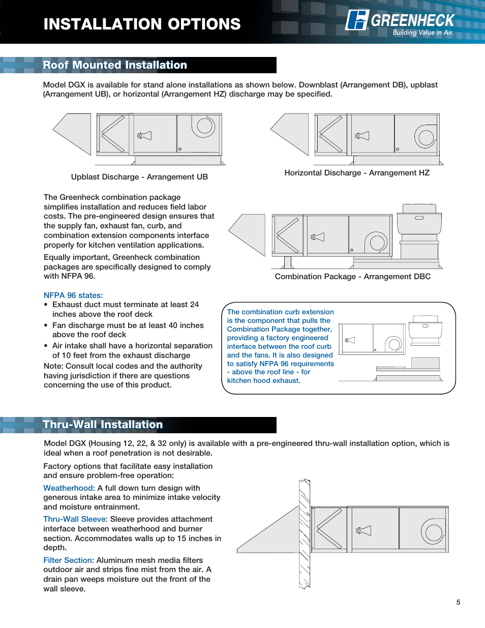 Installation options, Roof mounted installation | Greenheck Fan Modular Make-Up Air Unit DGX User Manual | Page 5 / 8