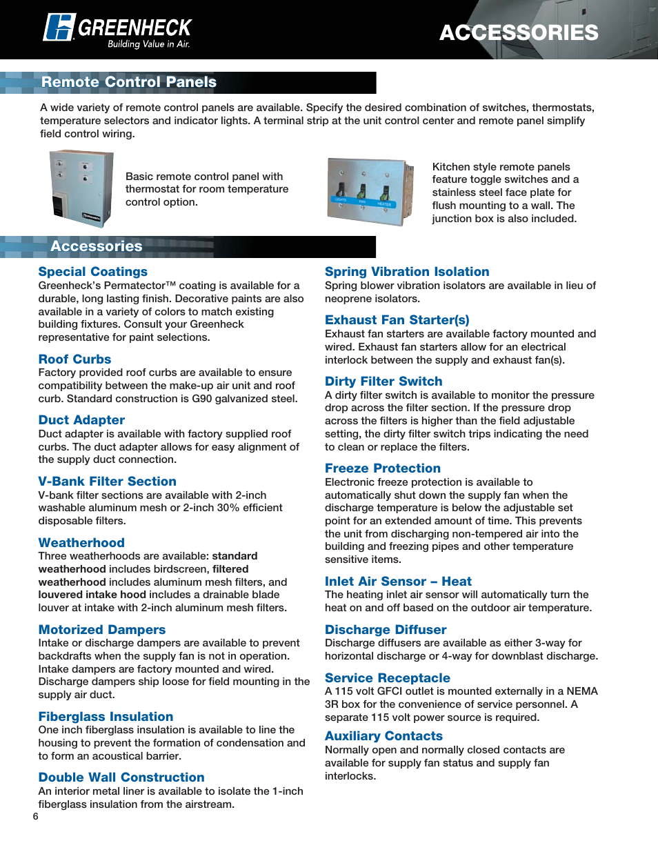 Accessories, Remote control panels, Remote control panels accessories accessories | Greenheck Fan Modular Make-Up Air Unit DGX User Manual | Page 6 / 8