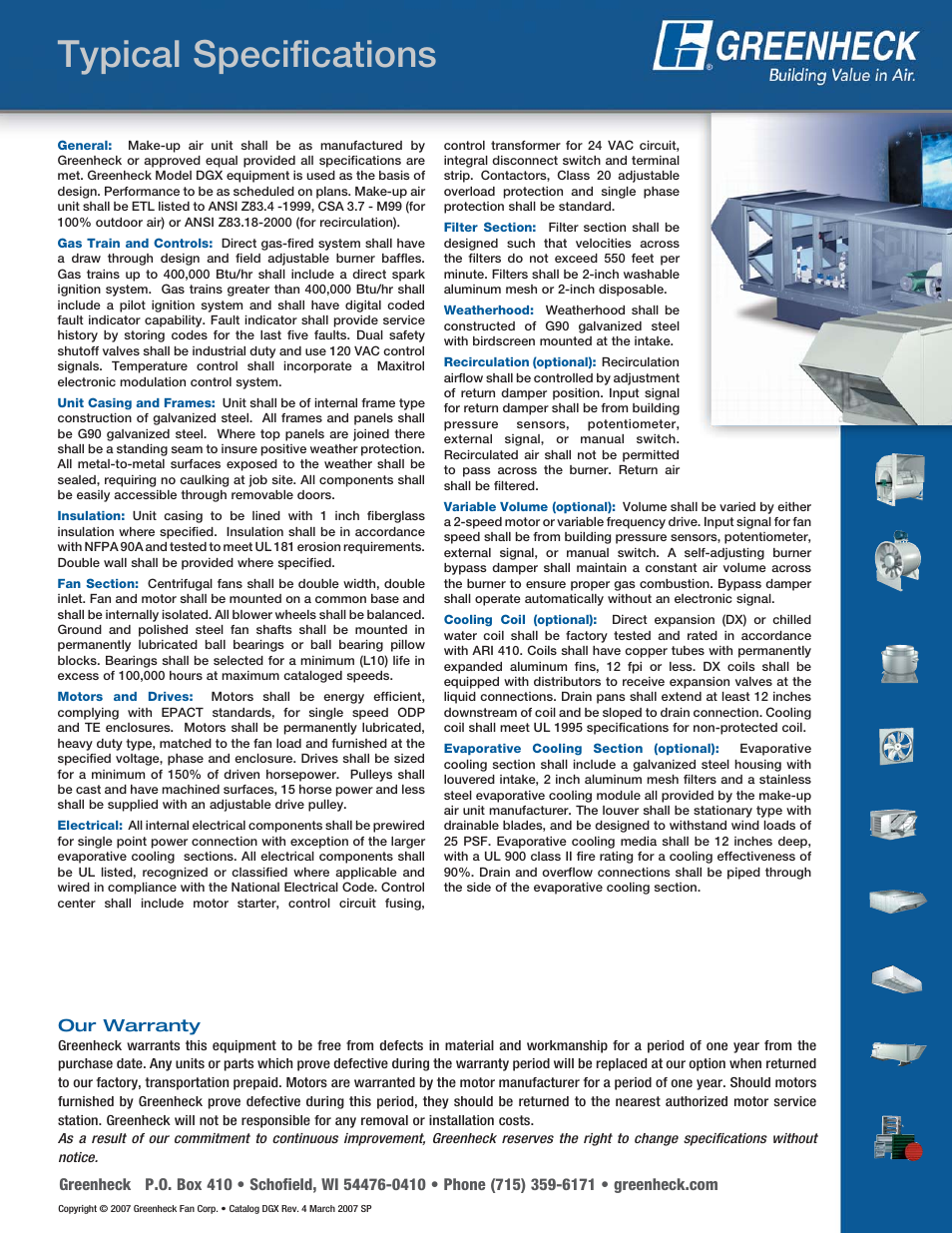 Typical specifications | Greenheck Fan Modular Make-Up Air Unit DGX User Manual | Page 8 / 8