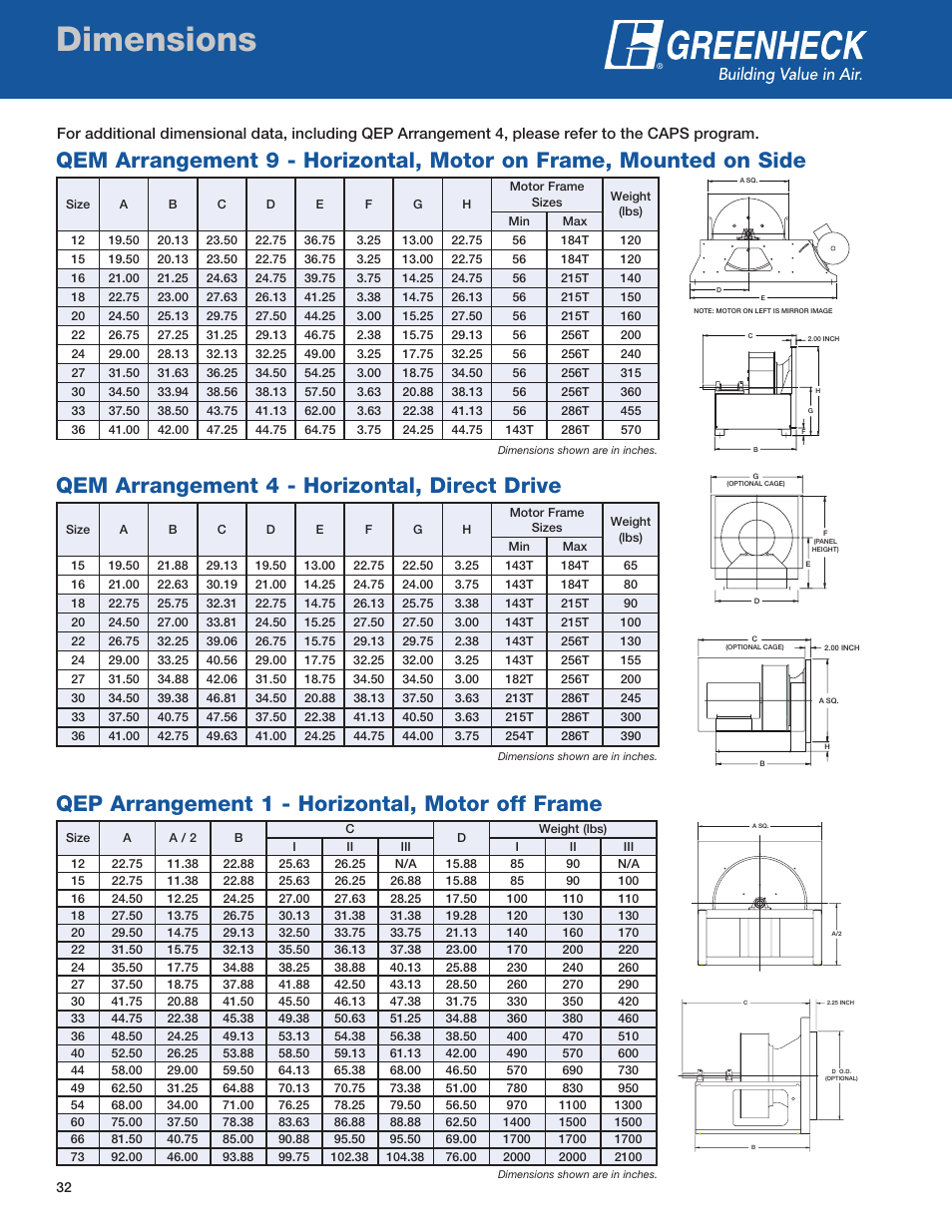 Dimensions, Qep arrangement 1 - horizontal, motor off frame, Qem arrangement 4 - horizontal, direct drive | Greenheck Fan QEP User Manual | Page 32 / 36
