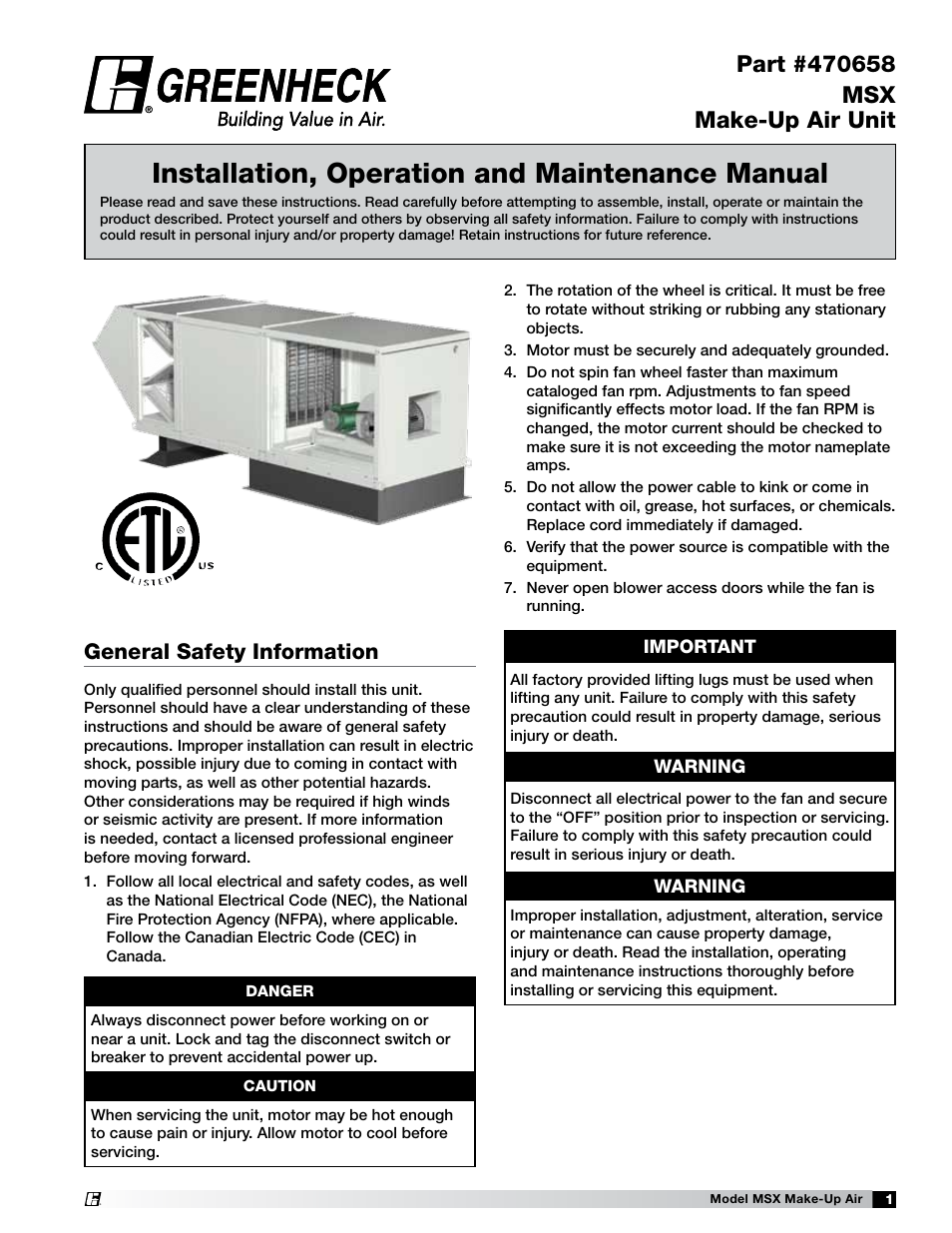 Greenheck Fan Make-Up Air Unit 470658 MSX User Manual | 40 pages