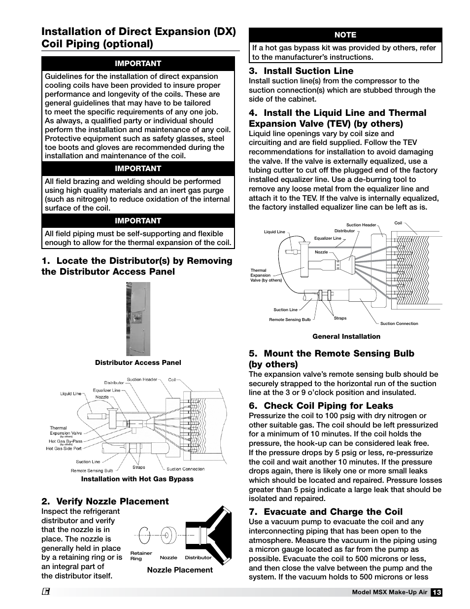 Install suction line, Mount the remote sensing bulb (by others), Check coil piping for leaks | Evacuate and charge the coil, Verify nozzle placement | Greenheck Fan Make-Up Air Unit 470658 MSX User Manual | Page 13 / 40