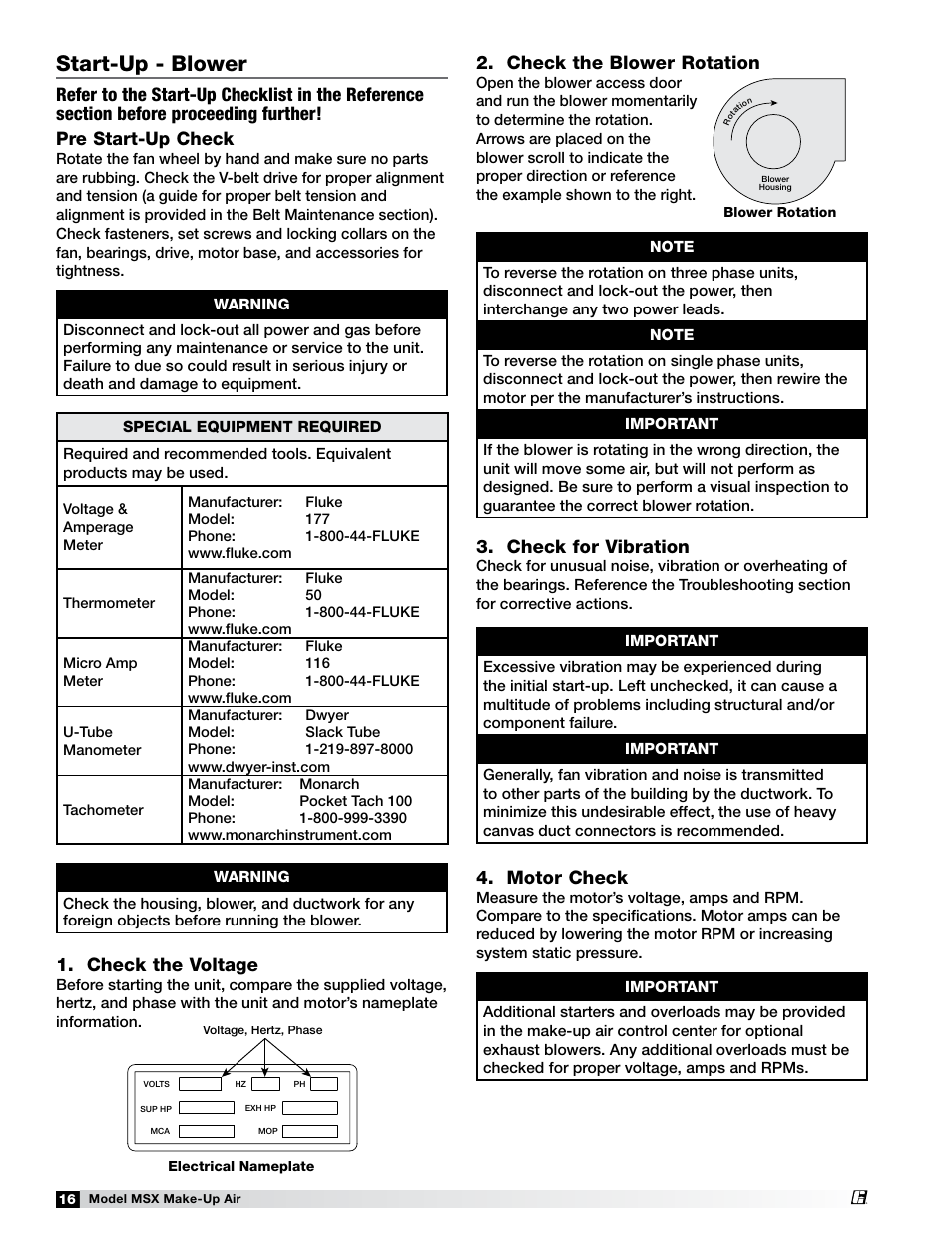 Start-up - blower, Check the voltage, Check the blower rotation | Check for vibration, Motor check | Greenheck Fan Make-Up Air Unit 470658 MSX User Manual | Page 16 / 40