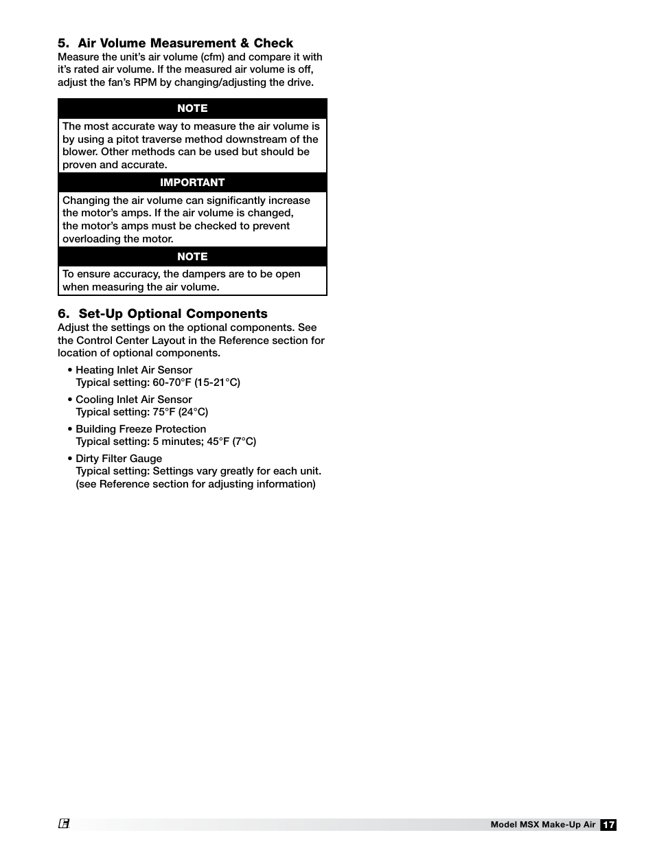 Set-up optional components, Air volume measurement & check | Greenheck Fan Make-Up Air Unit 470658 MSX User Manual | Page 17 / 40