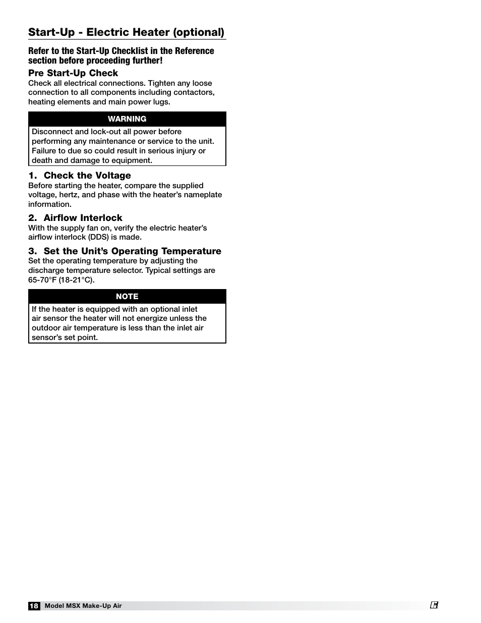 Start-up - electric heater (optional) | Greenheck Fan Make-Up Air Unit 470658 MSX User Manual | Page 18 / 40