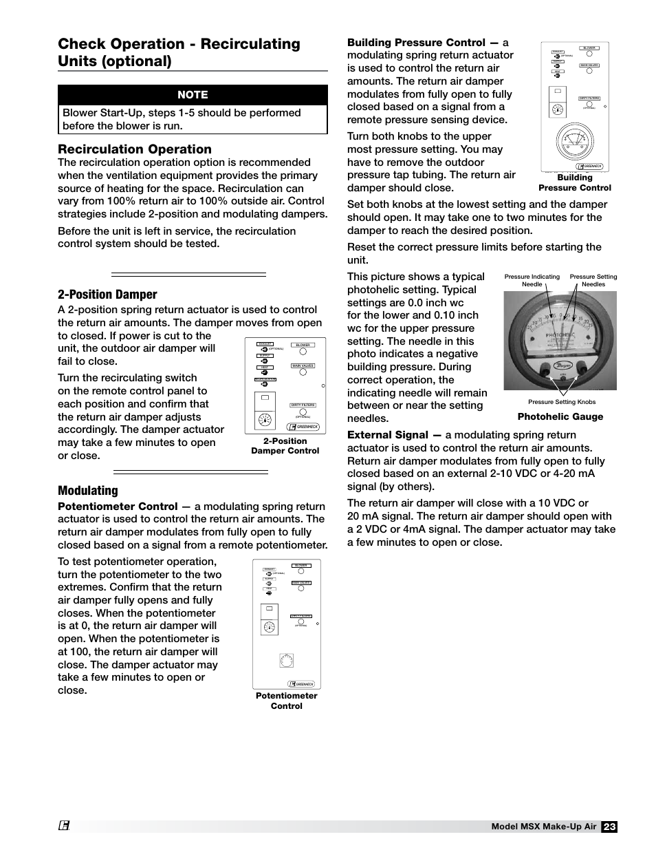 Check operation - recirculating units (optional), Recirculation operation, Modulating | Position damper, Photohelic gauge | Greenheck Fan Make-Up Air Unit 470658 MSX User Manual | Page 23 / 40