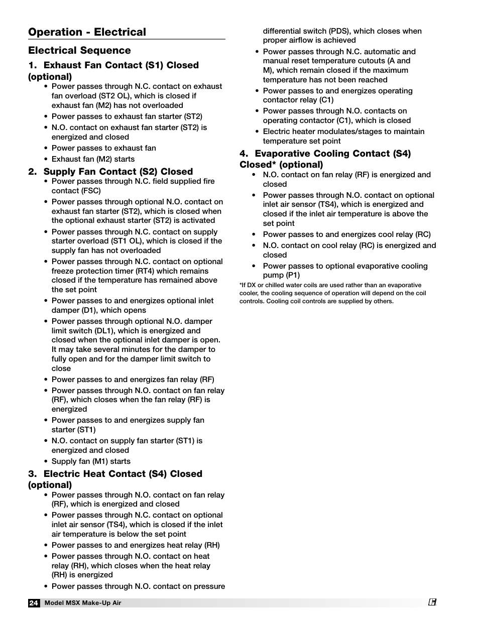 Operation - electrical, Electrical sequence | Greenheck Fan Make-Up Air Unit 470658 MSX User Manual | Page 24 / 40