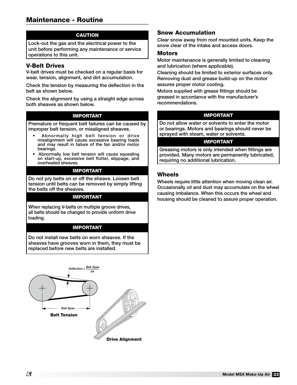 Maintenance - routine, V-belt drives, Snow accumulation | Motors, Wheels | Greenheck Fan Make-Up Air Unit 470658 MSX User Manual | Page 33 / 40