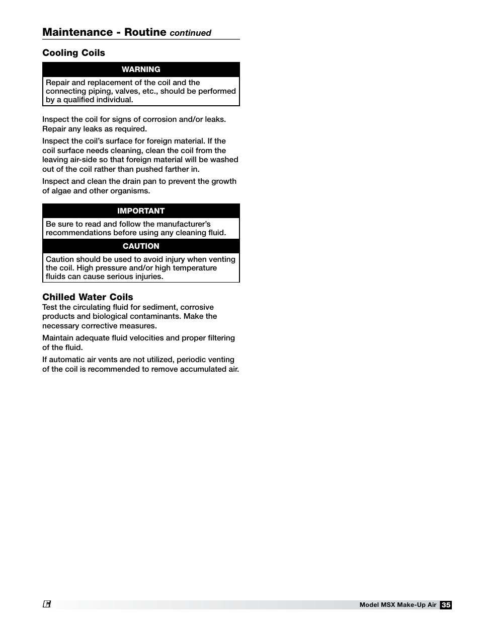 Maintenance - routine | Greenheck Fan Make-Up Air Unit 470658 MSX User Manual | Page 35 / 40