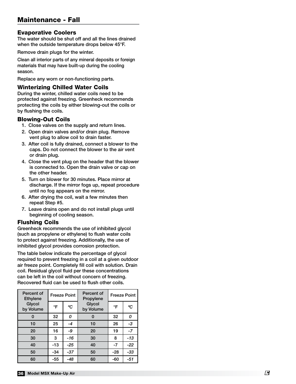 Maintenance - fall, Evaporative coolers, Winterizing chilled water coils | Blowing-out coils, Flushing coils | Greenheck Fan Make-Up Air Unit 470658 MSX User Manual | Page 36 / 40