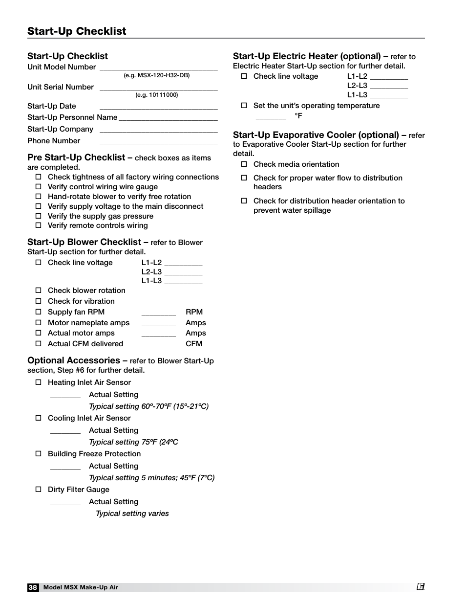 Start-up checklist | Greenheck Fan Make-Up Air Unit 470658 MSX User Manual | Page 38 / 40