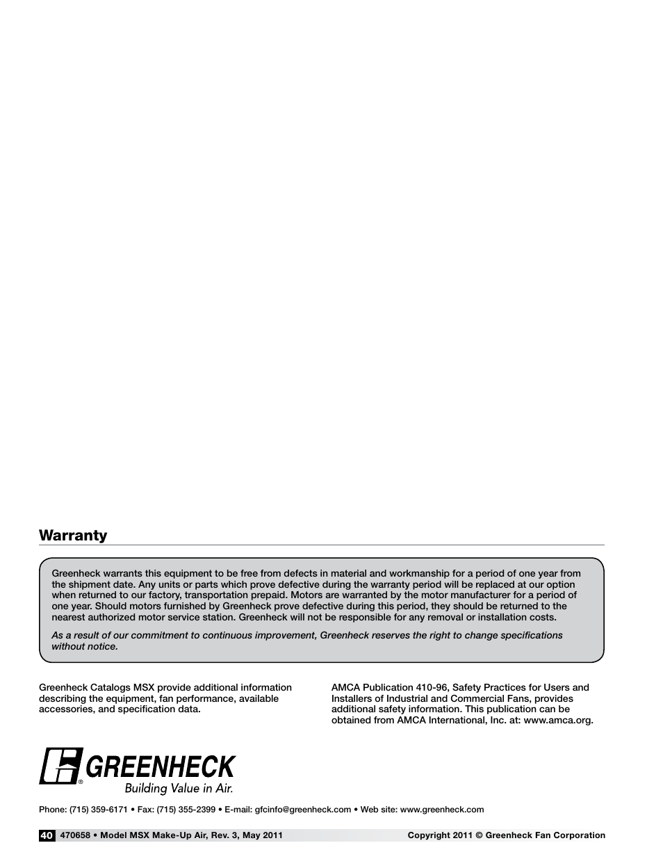 Warranty | Greenheck Fan Make-Up Air Unit 470658 MSX User Manual | Page 40 / 40