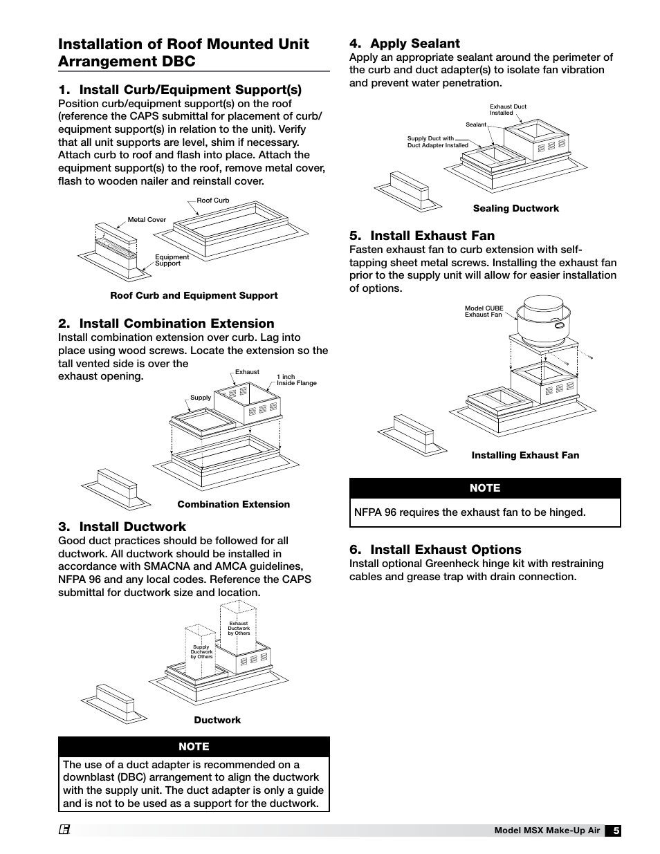 Installation of roof mounted unit arrangement dbc, Install curb/equipment support(s), Install combination extension | Install exhaust options, Install exhaust fan, Apply sealant, Install ductwork | Greenheck Fan Make-Up Air Unit 470658 MSX User Manual | Page 5 / 40