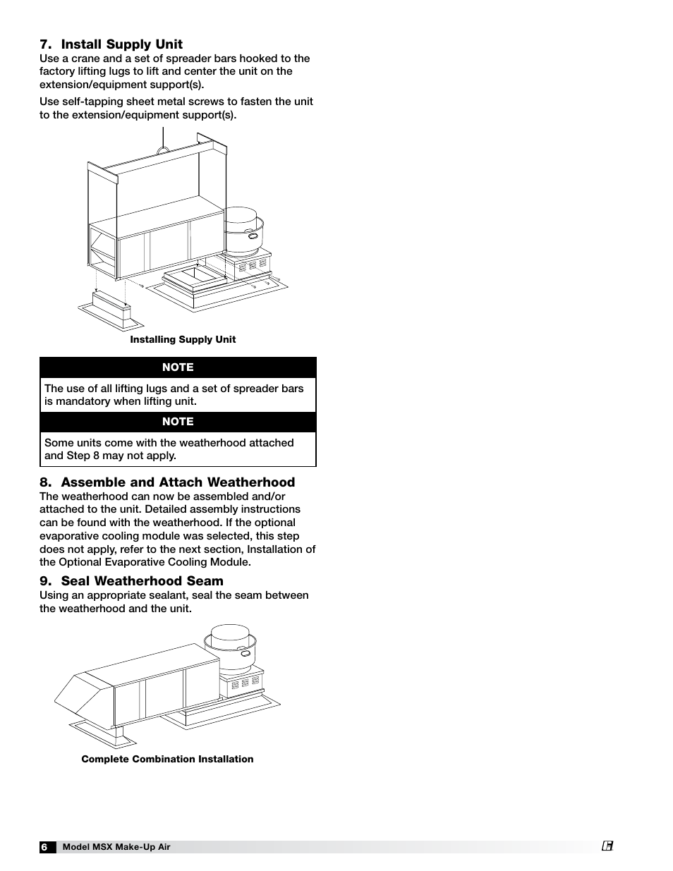 Install supply unit, Assemble and attach weatherhood, Seal weatherhood seam | Greenheck Fan Make-Up Air Unit 470658 MSX User Manual | Page 6 / 40