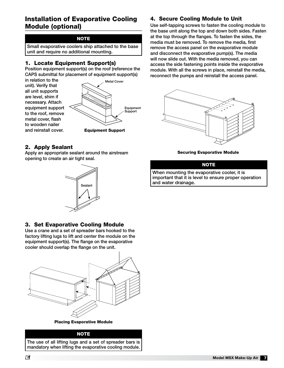 Locate equipment support(s), Secure cooling module to unit, Set evaporative cooling module | Apply sealant | Greenheck Fan Make-Up Air Unit 470658 MSX User Manual | Page 7 / 40