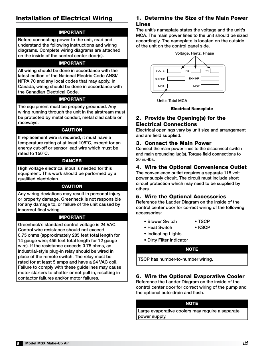 Installation of electrical wiring, Determine the size of the main power lines, Connect the main power | Wire the optional convenience outlet, Wire the optional accessories, Wire the optional evaporative cooler | Greenheck Fan Make-Up Air Unit 470658 MSX User Manual | Page 8 / 40