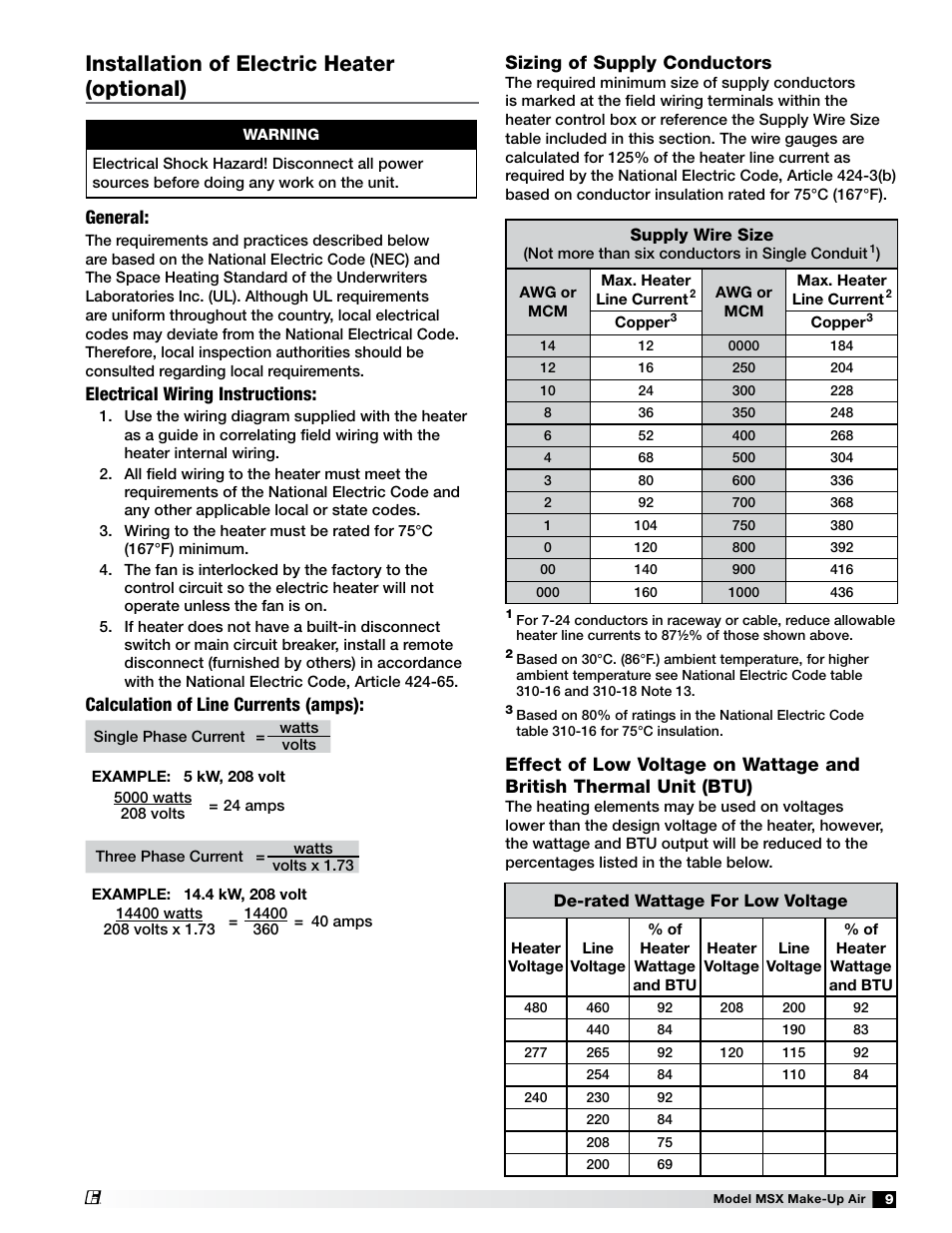 Installation of electric heater (optional), General, Electrical wiring instructions | Calculation of line currents (amps), Sizing of supply conductors | Greenheck Fan Make-Up Air Unit 470658 MSX User Manual | Page 9 / 40