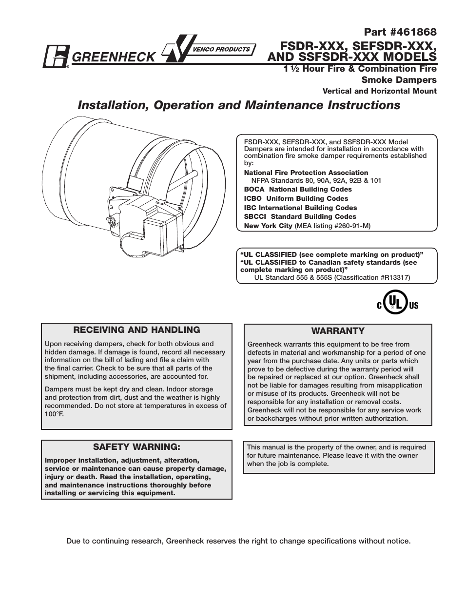 Greenheck Fan FSDR-XXX User Manual | 7 pages