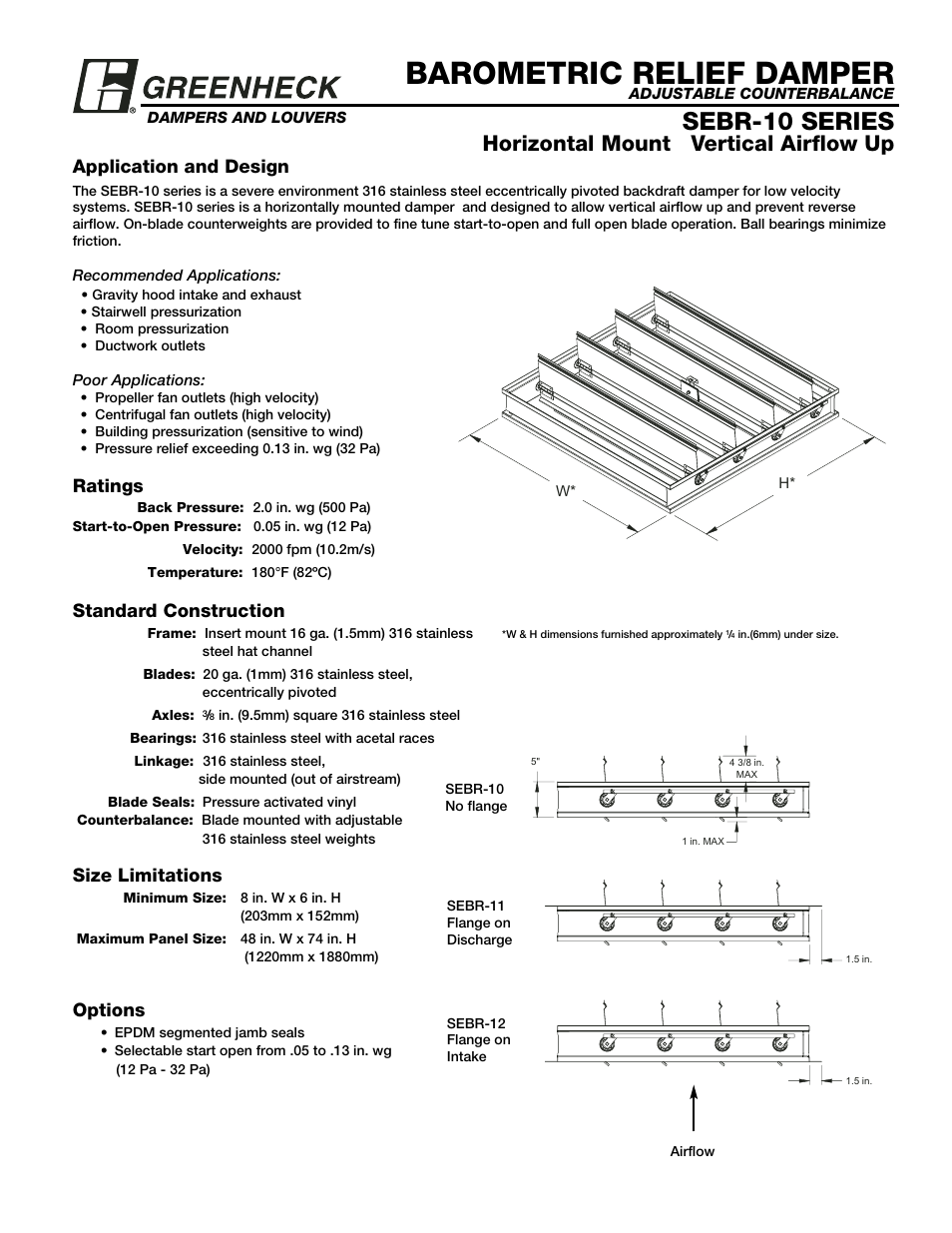 Greenheck Fan Barometric Relief Damper SEBR-10 User Manual | 2 pages