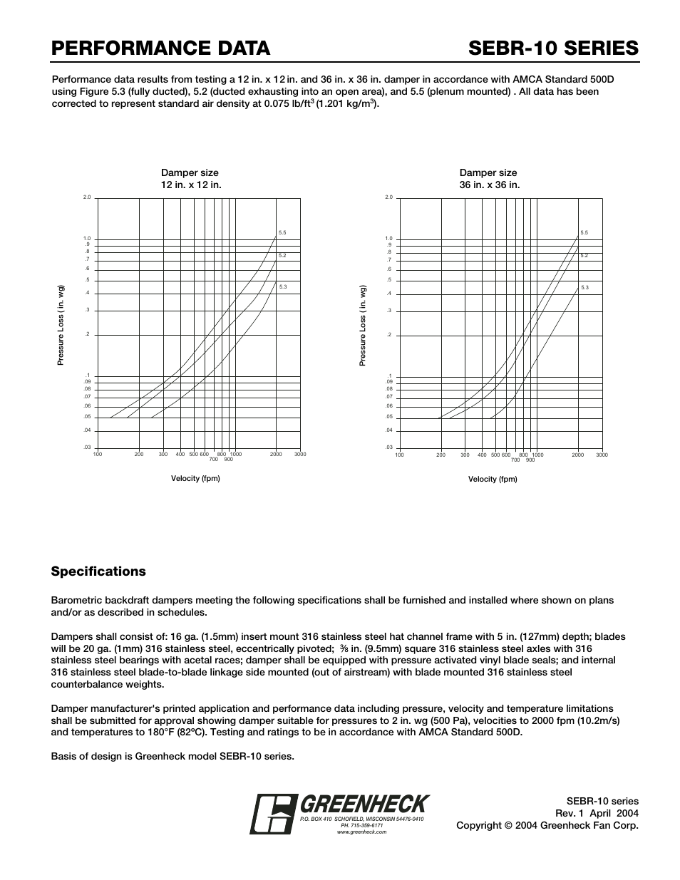 Greenheck, Sebr-10 series performance data, Specifications | 201 kg/m, Damper size 36 in. x 36 in | Greenheck Fan Barometric Relief Damper SEBR-10 User Manual | Page 2 / 2