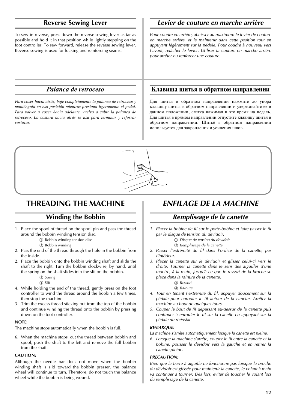 Threading the machine, Enfilage de la machine, Reverse sewing lever | Winding the bobbin, Levier de couture en marche arrière, Remplissage de la canette, Palanca de retroceso, Клавиша шитья в обратном направлении | Brother LS 2125 User Manual | Page 21 / 67