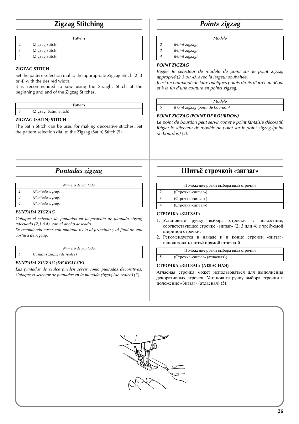 Zigzag stitching, Points zigzag, Puntadas zigzag | Шитьё строчкой «зигзаг | Brother LS 2125 User Manual | Page 35 / 67