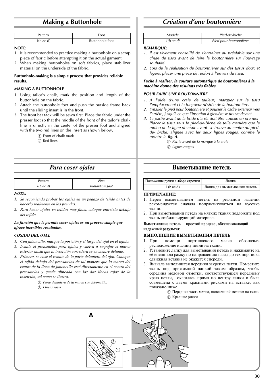 Making a buttonhole, Création d’une boutonnière, Para coser ojales | Выметывание петель | Brother LS 2125 User Manual | Page 39 / 67