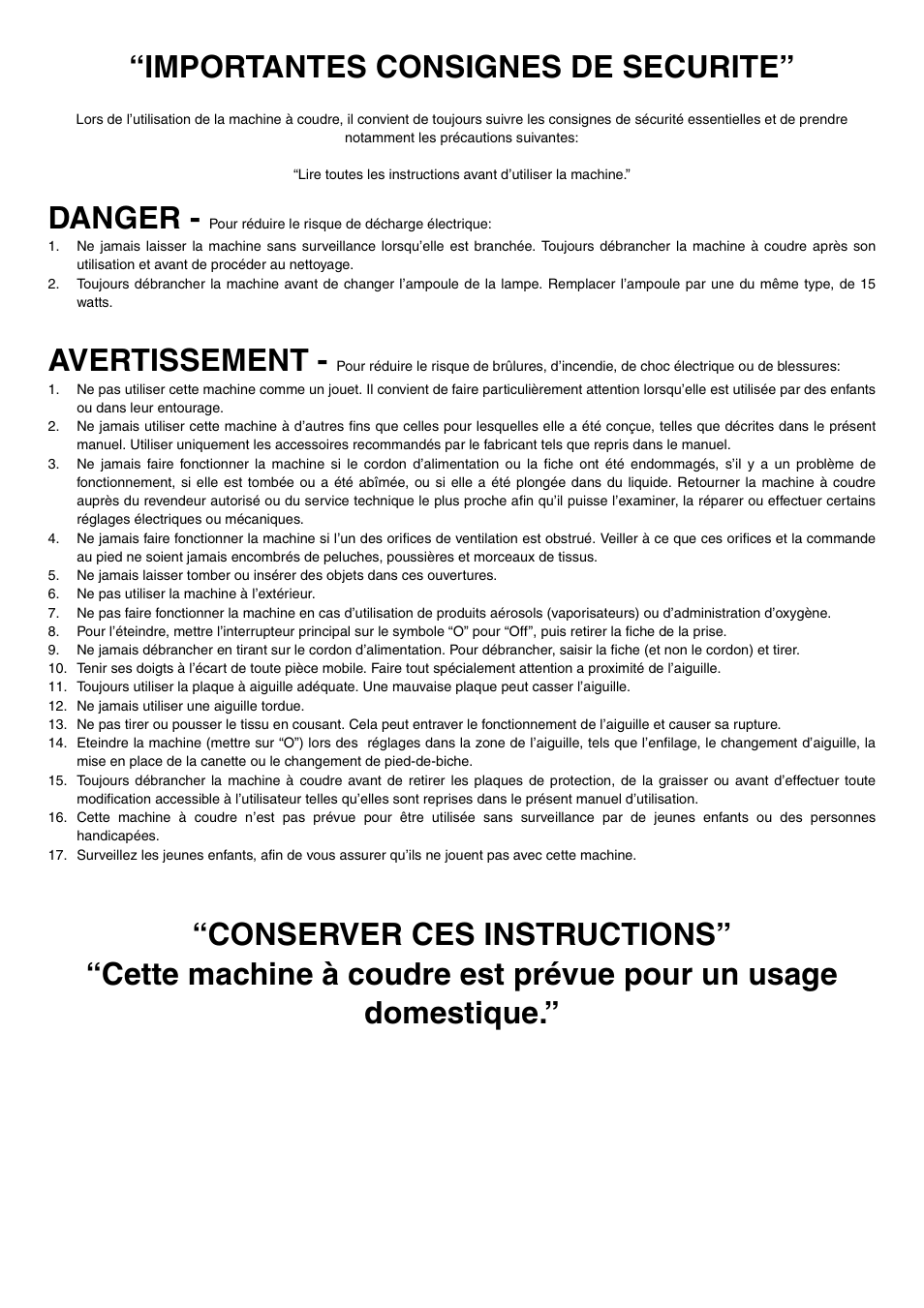 Importantes consignes de securite, Danger, Avertissement | Brother LS 2125 User Manual | Page 4 / 67