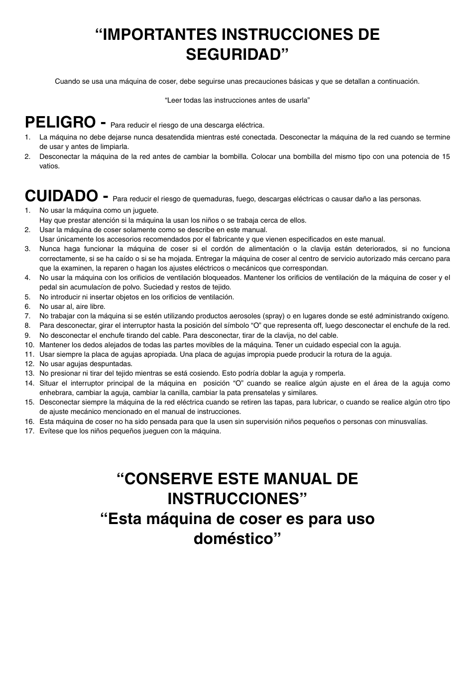 Importantes instrucciones de seguridad, Peligro, Cuidado | Brother LS 2125 User Manual | Page 5 / 67