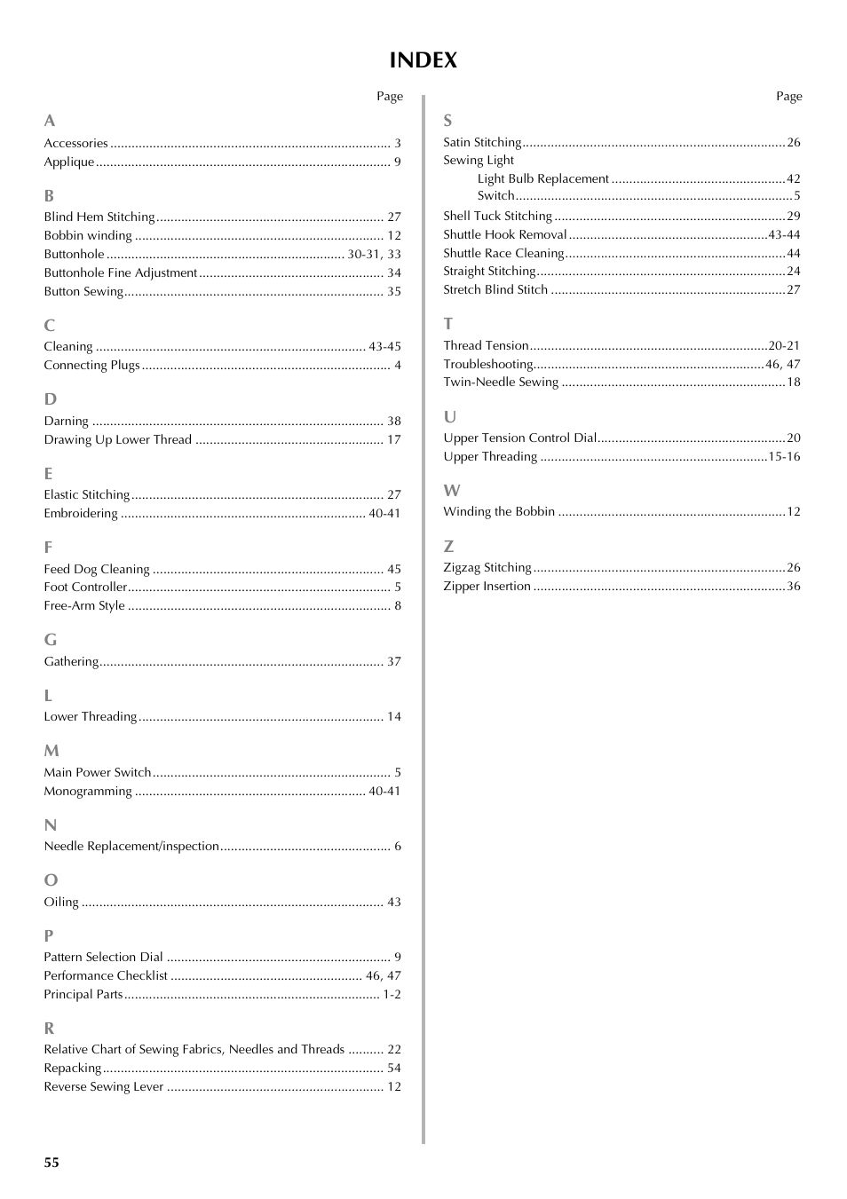 Index | Brother LS 2125 User Manual | Page 64 / 67
