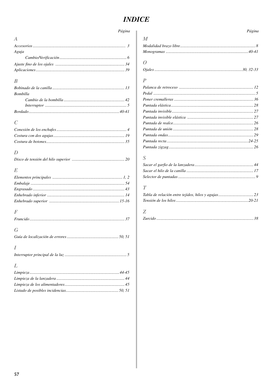 Indice | Brother LS 2125 User Manual | Page 66 / 67