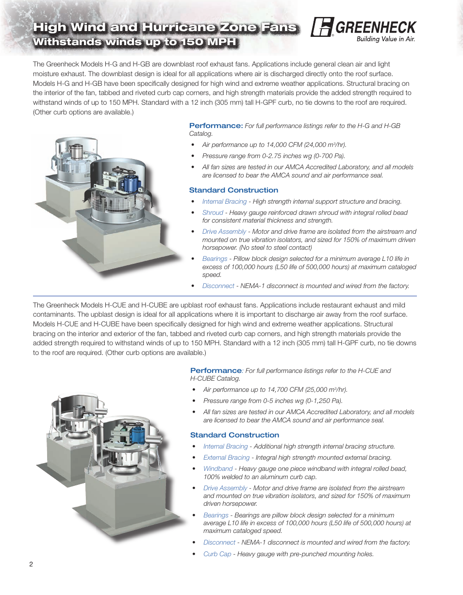 High wind and hurricane zone fans, Withstands winds up to 150 mph | Greenheck Fan H-CUBE. User Manual | Page 2 / 8