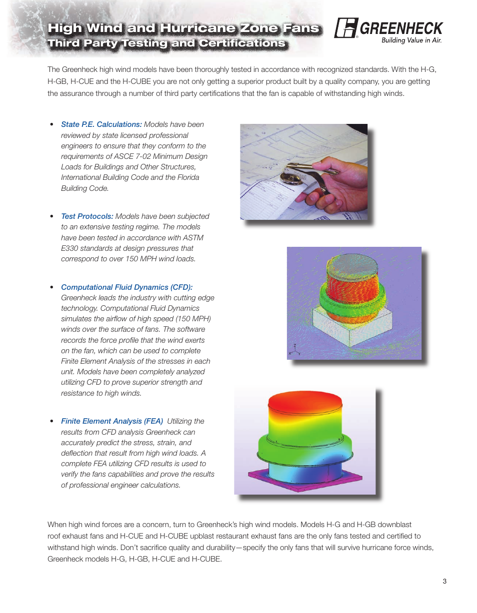 High wind and hurricane zone fans, Third party testing and certiﬁ cations | Greenheck Fan H-CUBE. User Manual | Page 3 / 8