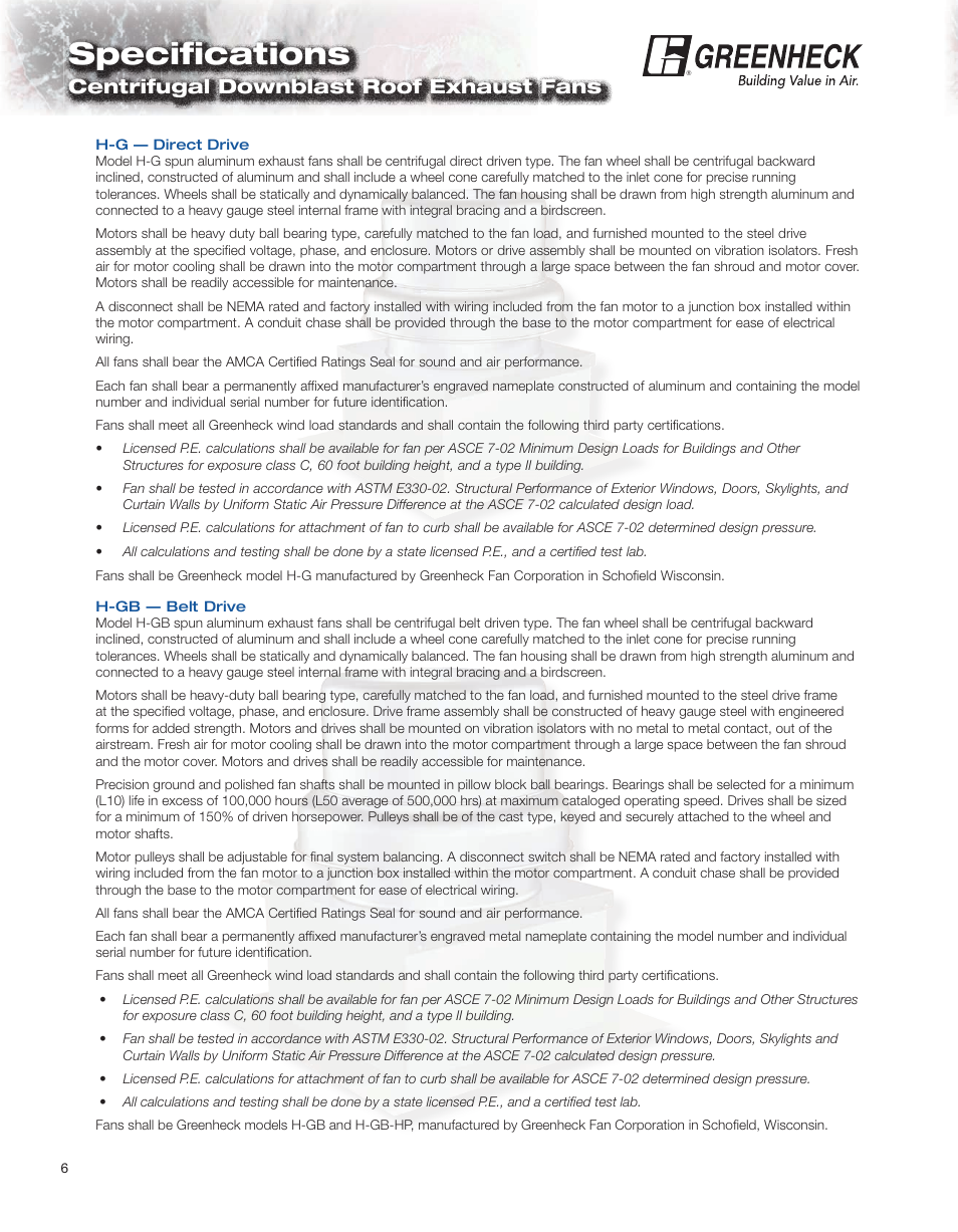 Speciﬁ cations, Centrifugal downblast roof exhaust fans | Greenheck Fan H-CUBE. User Manual | Page 6 / 8