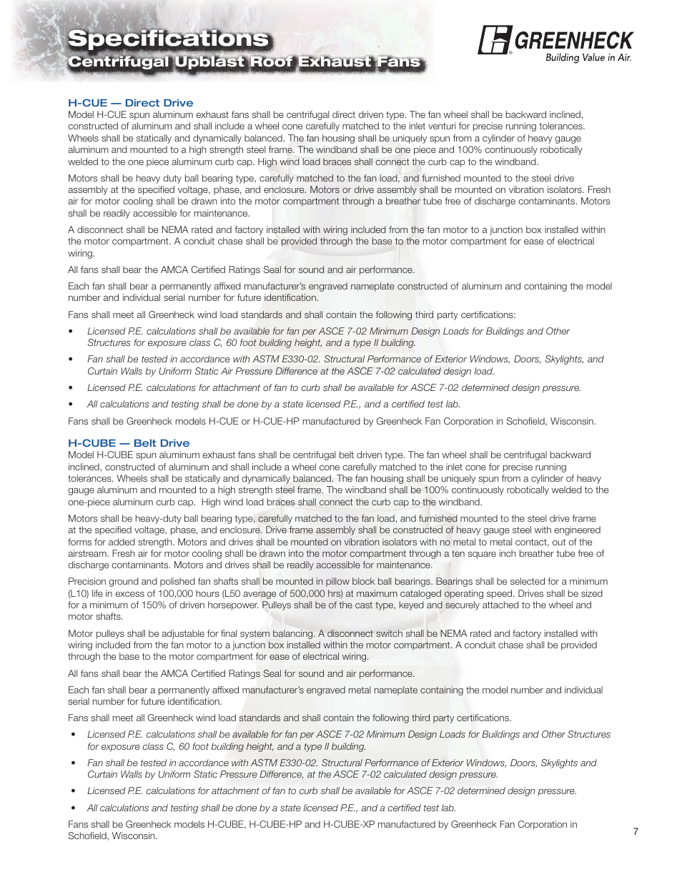 Speciﬁ cations, Centrifugal upblast roof exhaust fans | Greenheck Fan H-CUBE. User Manual | Page 7 / 8