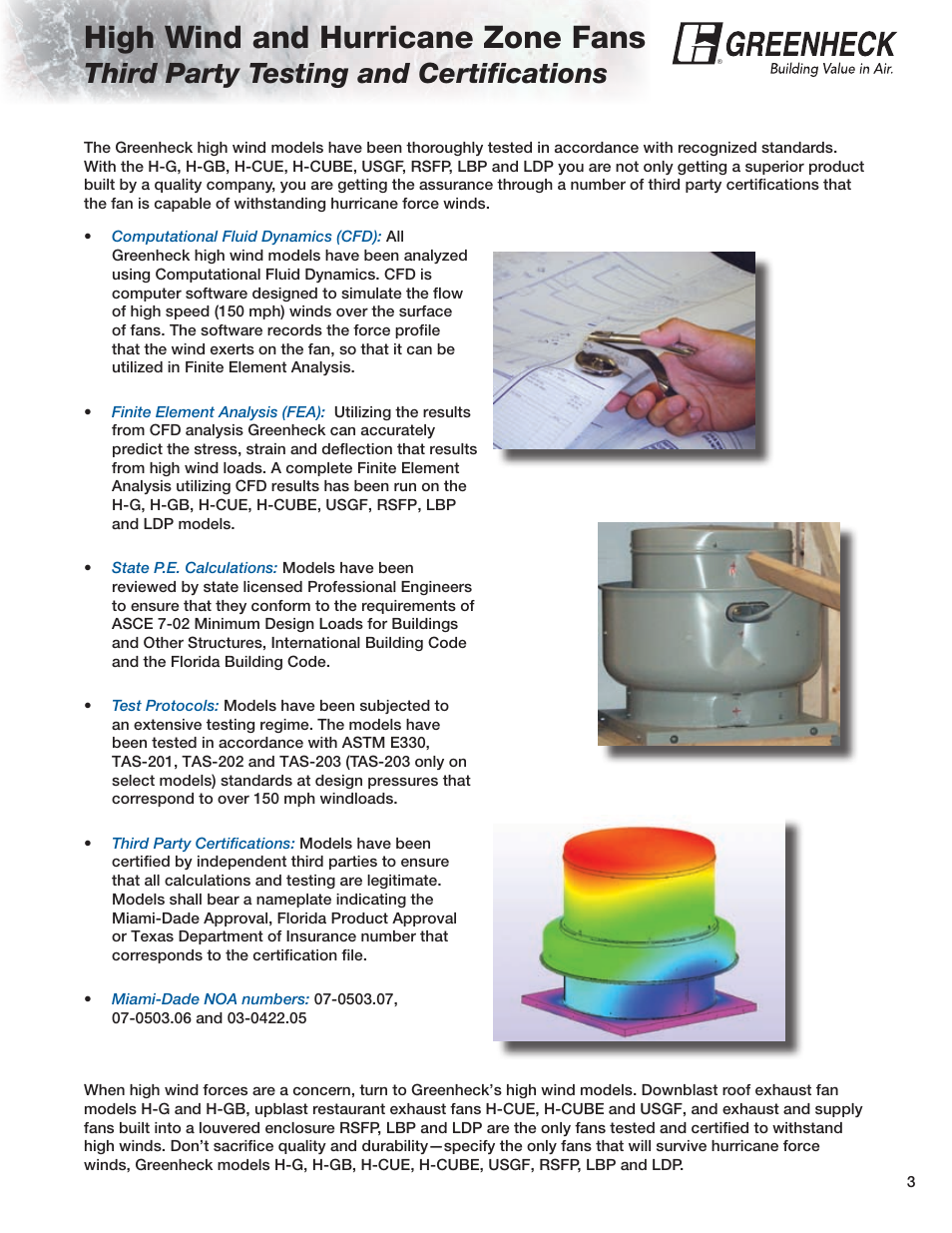 High wind and hurricane zone fans, Third party testing and certifications | Greenheck Fan H-GB User Manual | Page 3 / 8