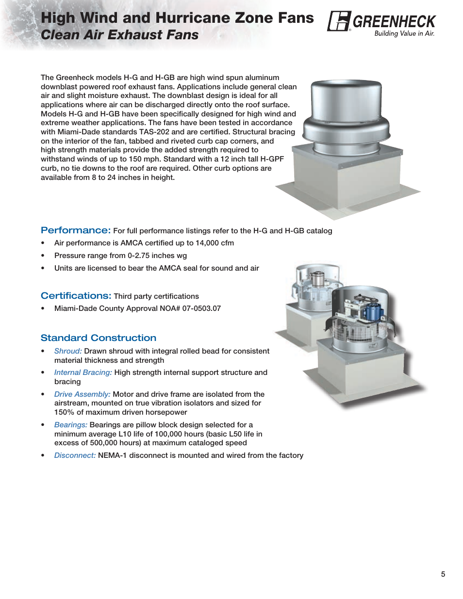 High wind and hurricane zone fans, Clean air exhaust fans | Greenheck Fan H-GB User Manual | Page 5 / 8