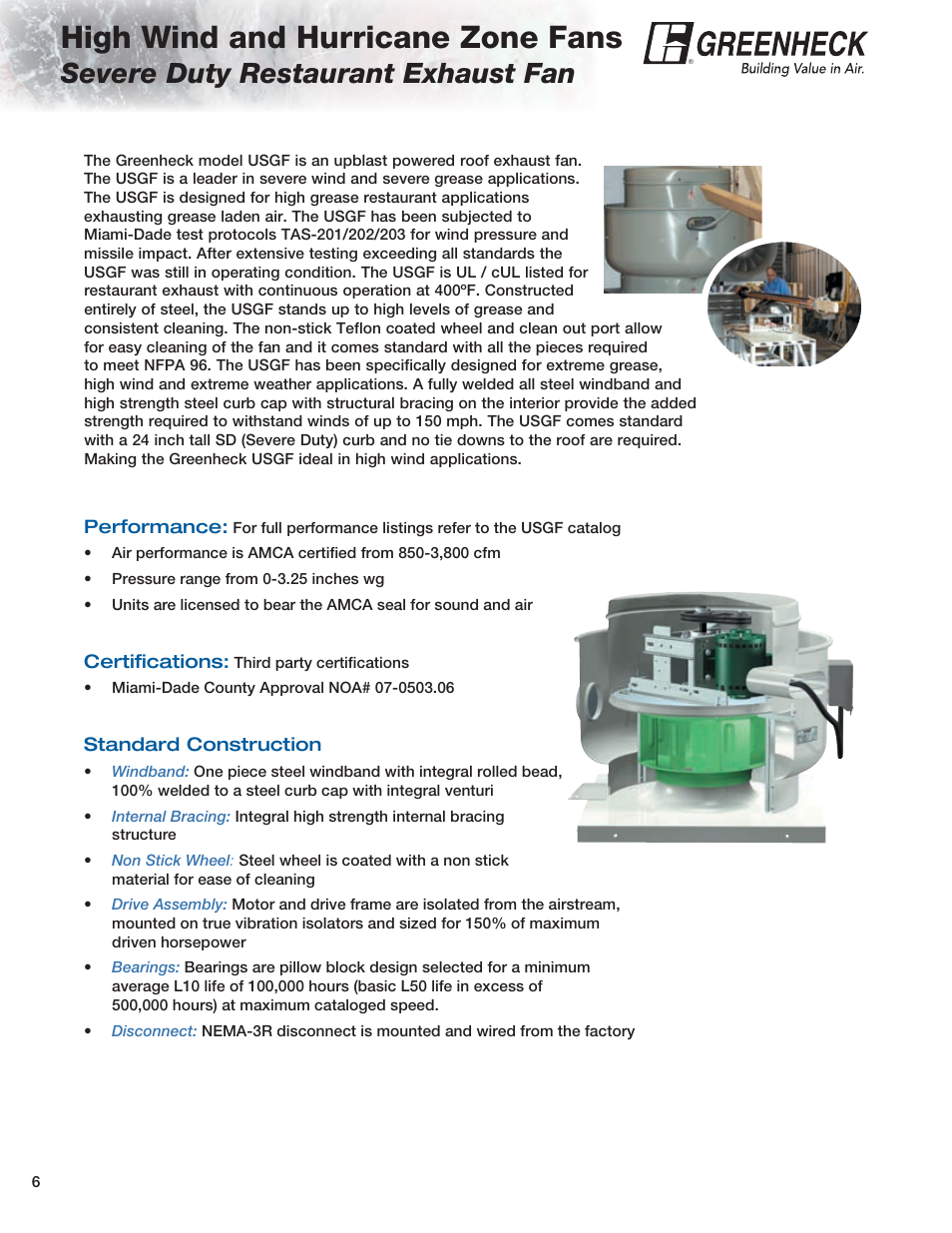 High wind and hurricane zone fans, Severe duty restaurant exhaust fan | Greenheck Fan H-GB User Manual | Page 6 / 8