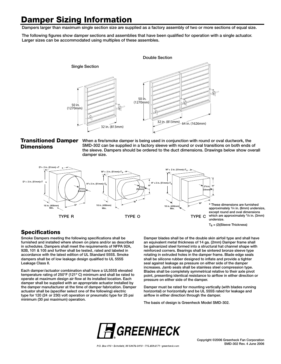 Damper sizing information, Transitioned damper dimensions, Specifications | Greenheck Fan SMD-302 User Manual | Page 7 / 7
