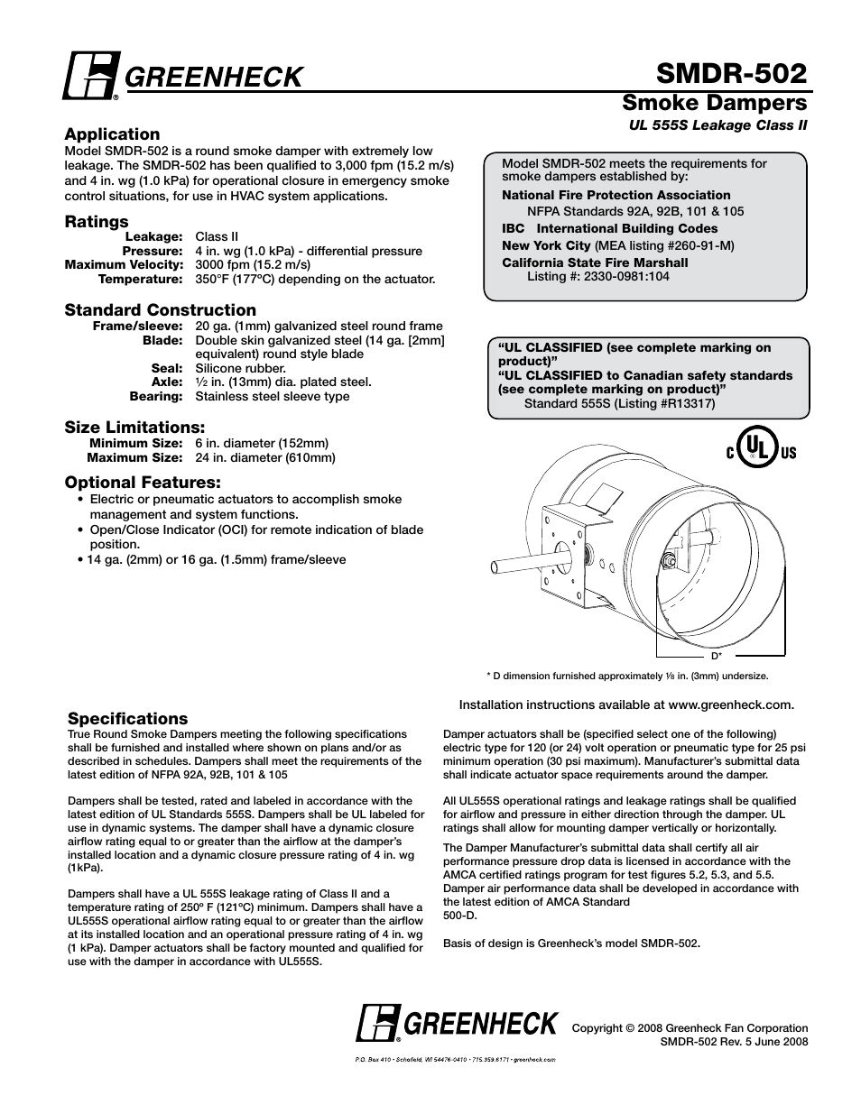 Greenheck Fan UL 555S Leakage Class II SSSMDR-502 User Manual | 1 page