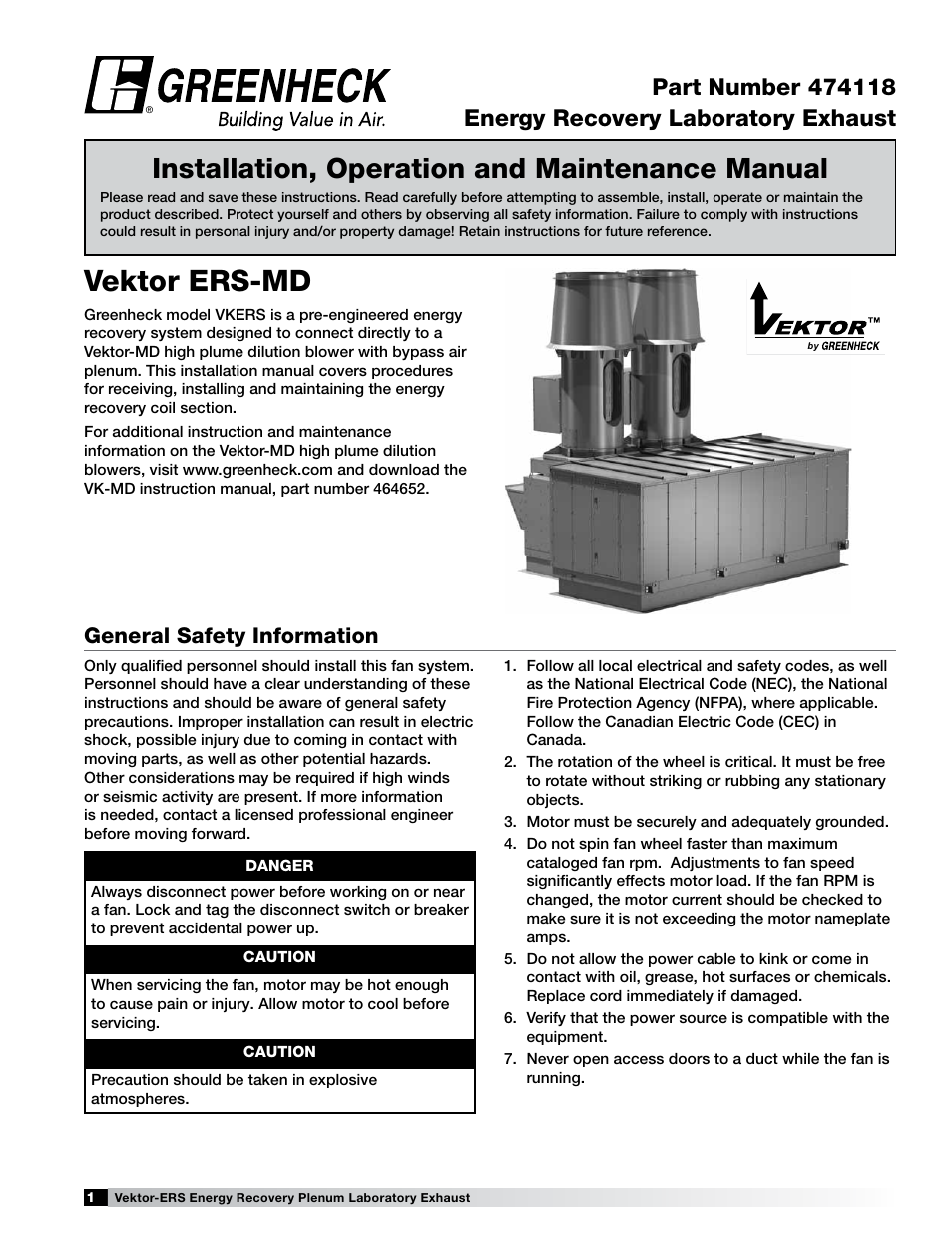 Greenheck Fan Vektor-ERS Energy Recovery Plenum Laboratory Exhaust 474118 User Manual | 12 pages