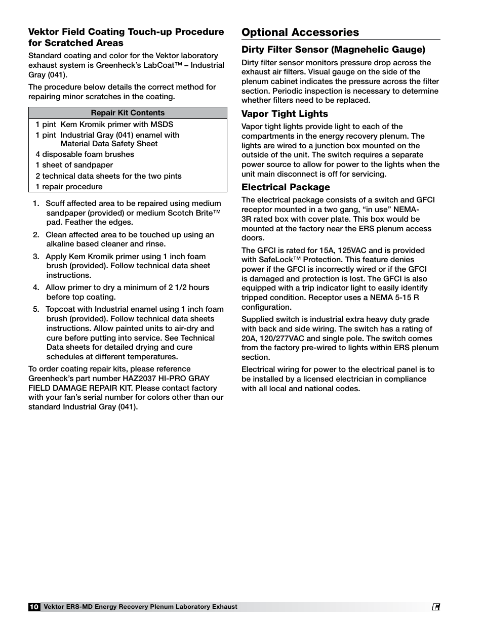 Optional accessories | Greenheck Fan Vektor-ERS Energy Recovery Plenum Laboratory Exhaust 474118 User Manual | Page 10 / 12