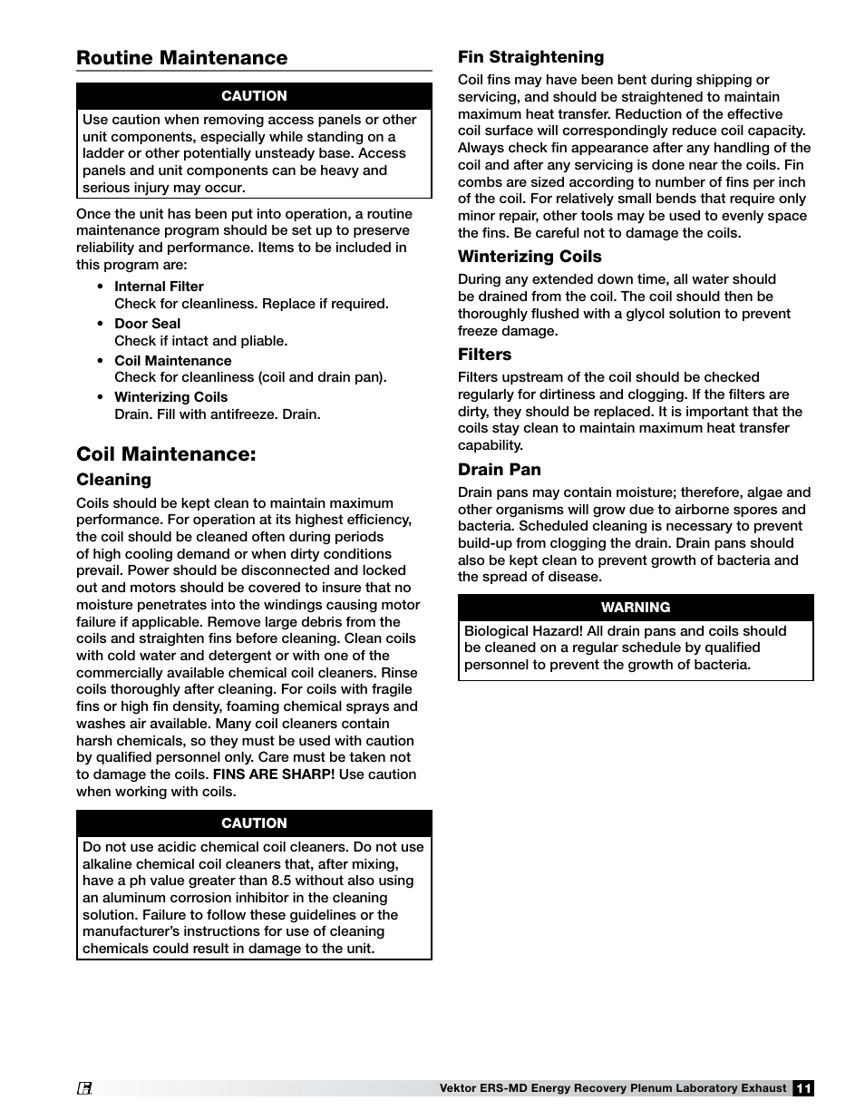 Routine maintenance, Coil maintenance | Greenheck Fan Vektor-ERS Energy Recovery Plenum Laboratory Exhaust 474118 User Manual | Page 11 / 12