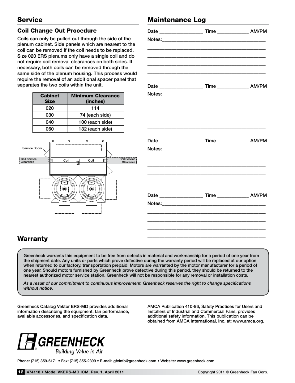 Warranty, Service, Maintenance log | Coil change out procedure | Greenheck Fan Vektor-ERS Energy Recovery Plenum Laboratory Exhaust 474118 User Manual | Page 12 / 12